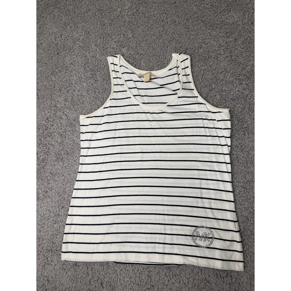 Michael Kors Womens Striped Tank Top Rhinestone MK Logo White Navy Blue Large
